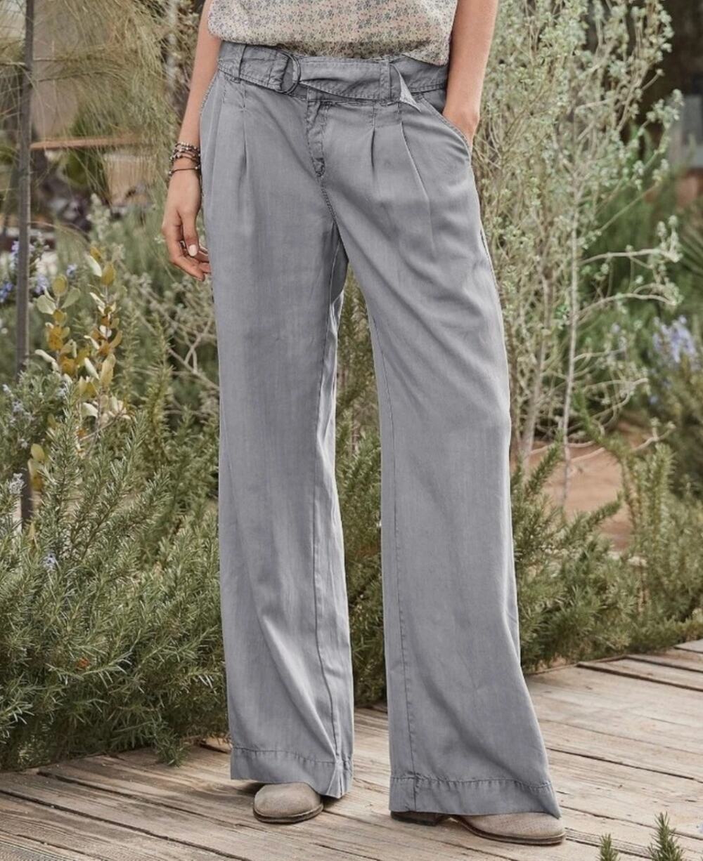 Sundance Womens 12 Gray Tencel Wide Leg Pleated Belted Pants Boho Chic